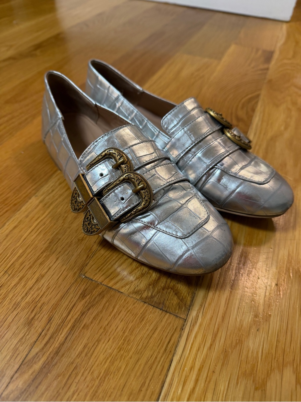 Metallic Silver Croc-Embossed Loafers with Decorative Buckles